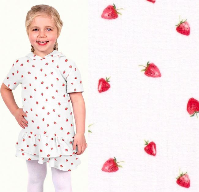 White muslin with digital print of red strawberries 21555/050