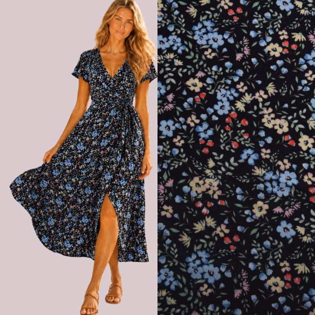 Viscose fabric in black with flower print TU26372
