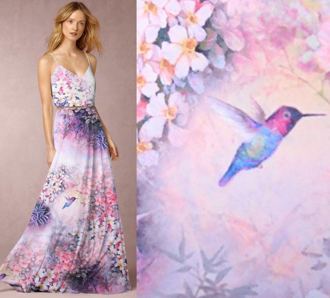 Silky artificial silk with digital print of blossoming flowers and birds ET04