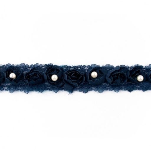 Lace in dark blue color with roses and pearls 41647