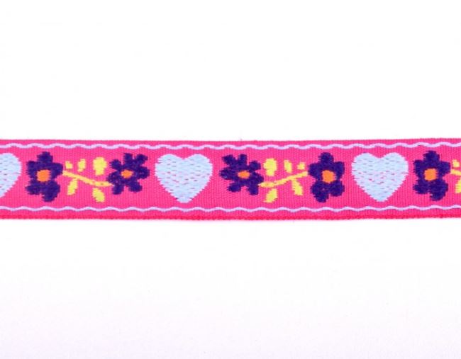 Decorative woven ribbon in pink with flowers and hearts 30123