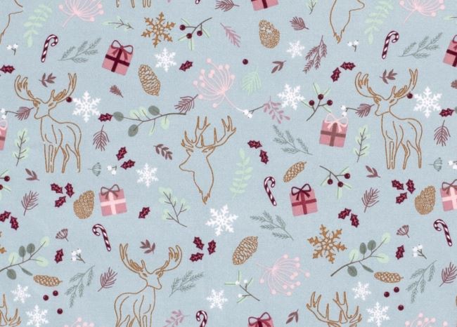Christmas fabric made of cotton in blue with a print of a deer with gifts 18723/006