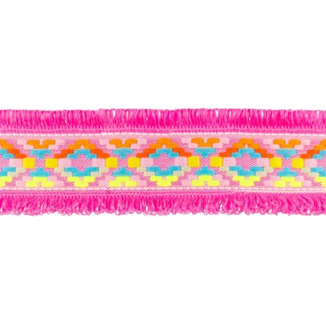 Strap in bright pink color with fringes and embroidered pattern 32482