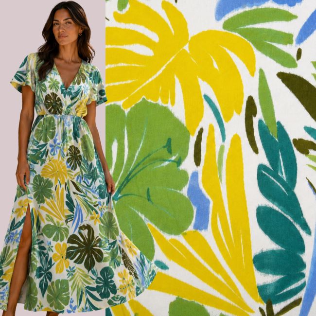 Fine viscose fabric in cream color with a print of colorful leaves MOR226