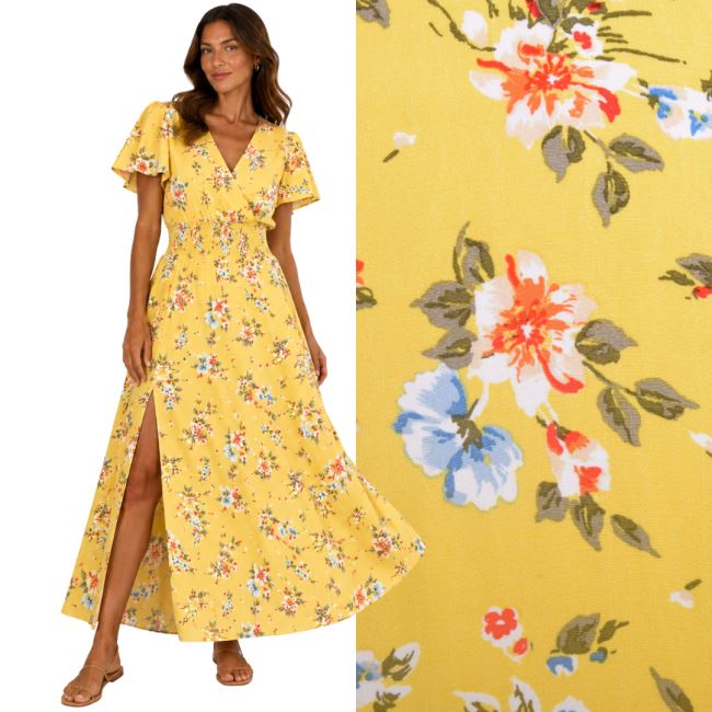 Viscose fabric in yellow with flower print TU20578