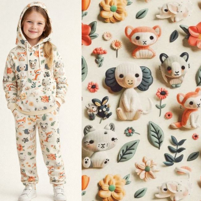Alpine fleece in brindled menthol color with digital children's print 22377/320