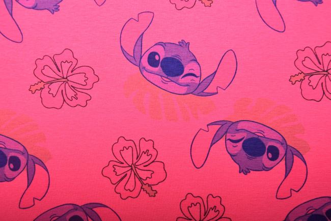 1 m of cotton knitwear in pink with fairy tale character Stitch DS-KUP157