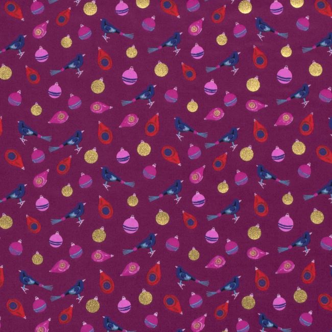 Christmas fabric made of cotton in light purple color with a print of ornaments and birds 18717/019