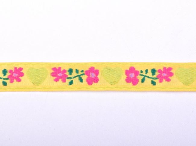 Decorative woven ribbon in yellow with flowers and hearts 30124