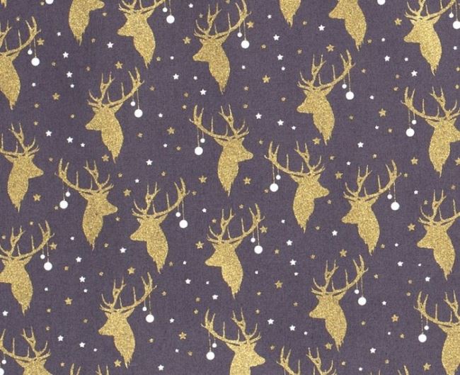 Christmas fabric made of cotton in gray color with golden deer print 16705/068