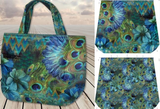 Panel for 2 bags with digital print of flowers and peacock feathers ST21014