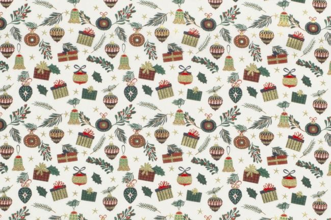 Christmas cotton fabric in cream color with gift and ornament print 20729/051