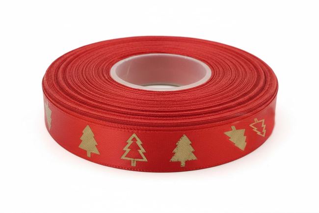 Satin Christmas ribbon in red with trees 15 mm I-TM0-MCHT15-148