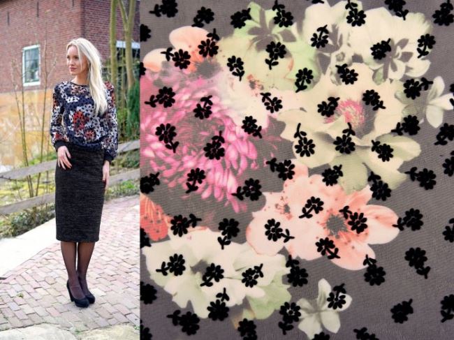 Chiffon with printed and suede flowers 10444/024