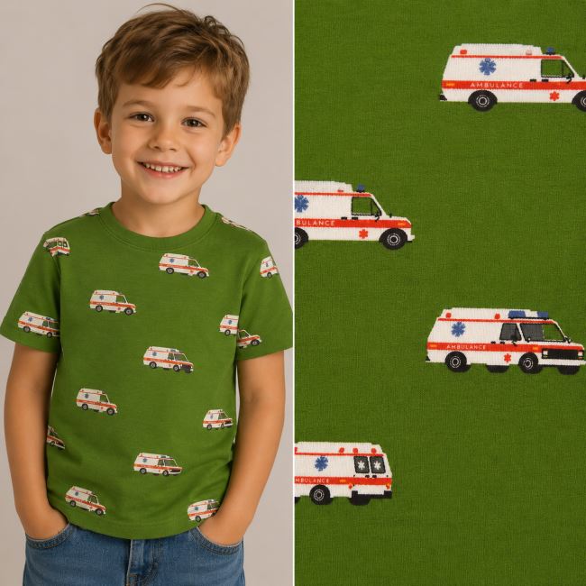 Cotton knitwear in green with ambulance print 21862/027