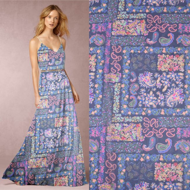 Chiffon in dark blue with a print of flowers and ornaments PAR3531858/0011