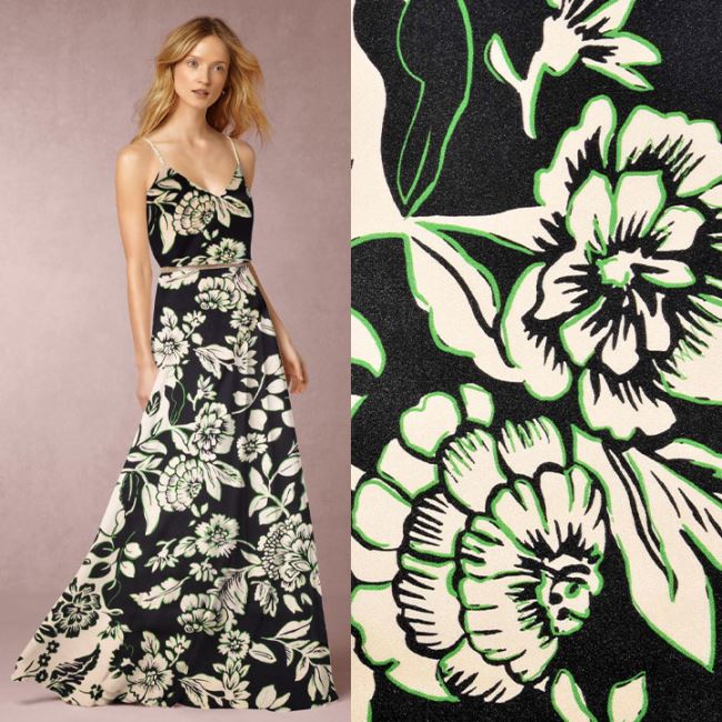 Satin in black with a print of leaves and flowers TWS002