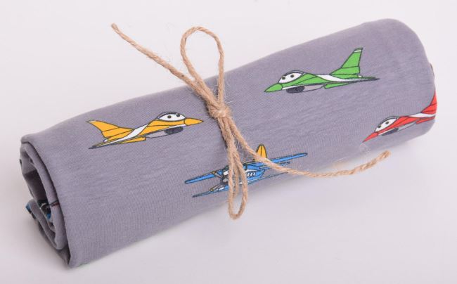 Roll of cotton knit in gray color with airplane print RO17734/063