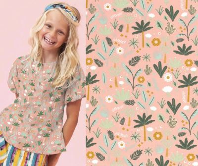 Cotton knit in pink color with leaf print 15653/037