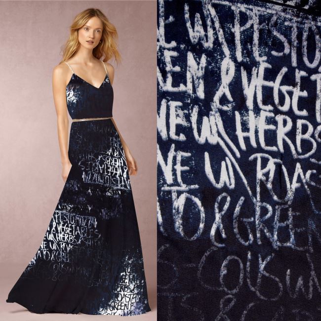 Viscose fabric in dark blue color with TF1010 lettering print