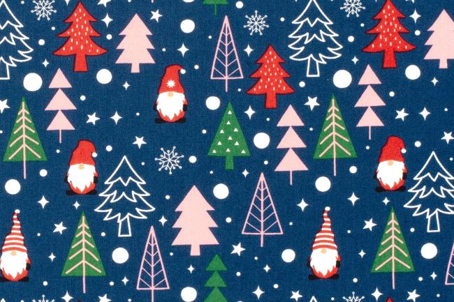 Blue cotton Christmas fabric with elf and tree print 22737/008