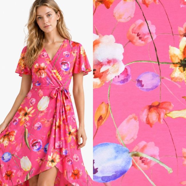 Viscose knit in pink with digital flower print S1925L-1123