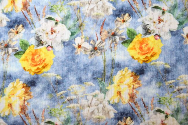 Muslin in blue color with digital print of blooming flowers S1794R-3683