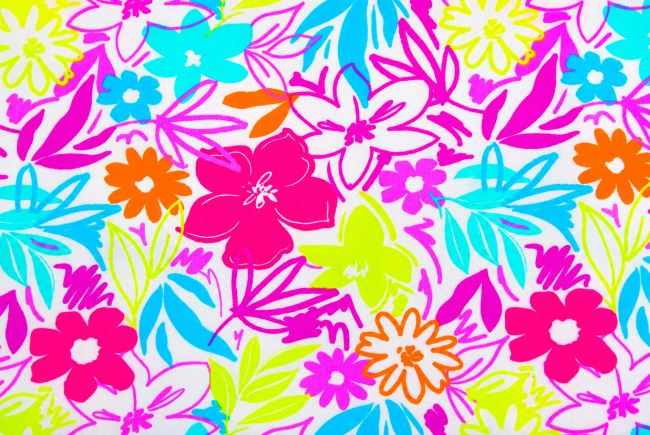 1 m of cotton knit in white with neon flower print KUP27
