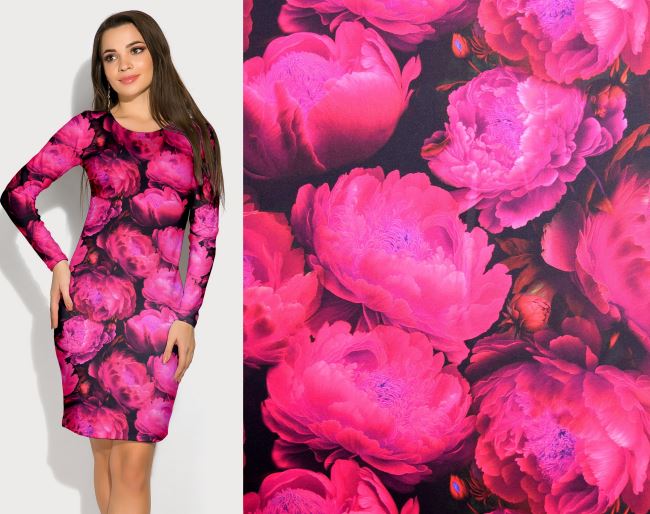 Barbie costume fabric in black with digital print of pink flowers CS10645A