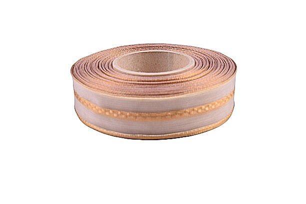 Ribbon in gold color with decorative stripe 25mm AHK378401
