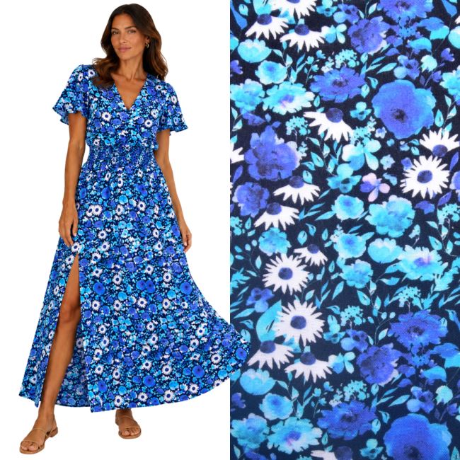 Viscose fabric in black with a print of small blue flowers TU27412