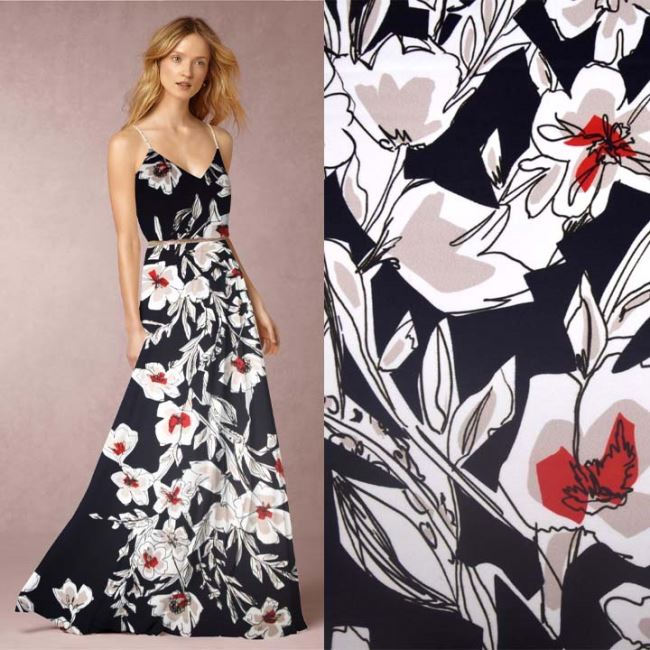 Blouse/dress fabric with shine in black with flower print MAU012