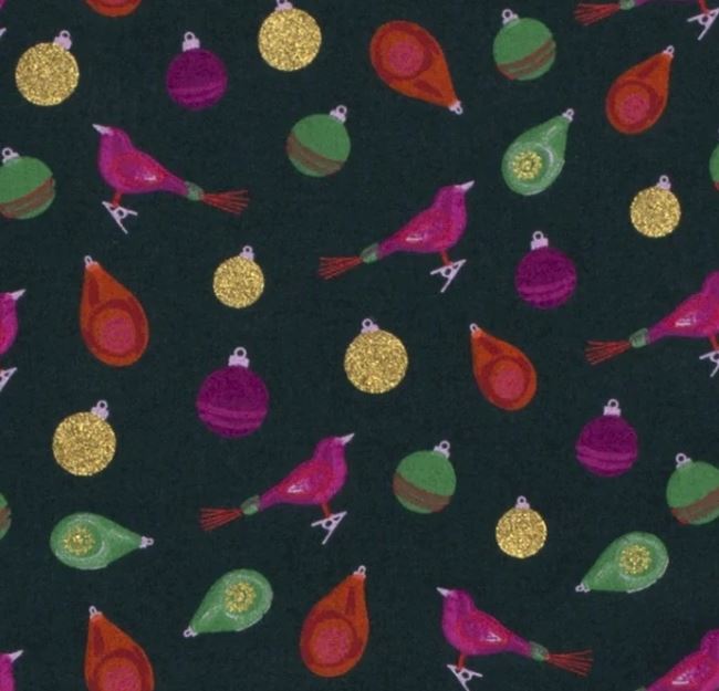 Christmas fabric made of cotton in dark green with a print of ornaments and birds 18717/028