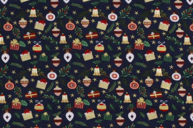 Christmas fabric made of cotton in blue with a print of gifts and ornaments 20729/015