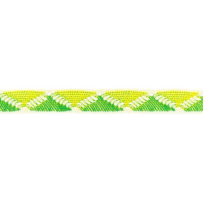 Cotton woven ribbon with zigzag pattern in green color 33209