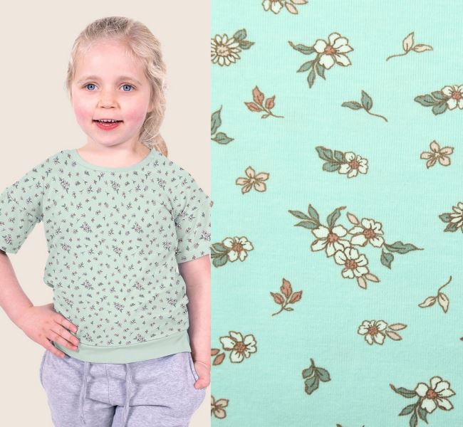 Cotton knit in mint color with flower print 17765/021