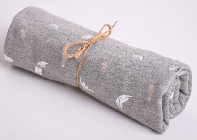 Roll of cotton knit in gray color with foil print of feathers RO18168/063