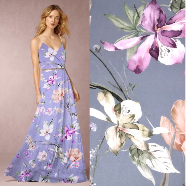 Artificial silk Silky in gray color with digital print of large flowers Z037