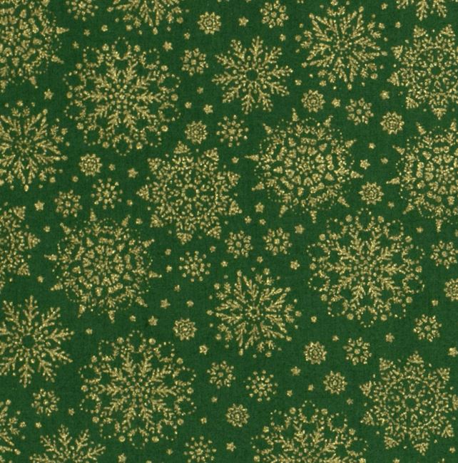 Christmas green cotton fabric with golden snowflakes print 20712/025