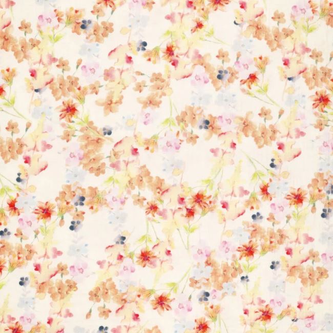White muslin with a digital print of scattered meadow flowers 20910/053