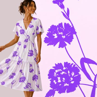 Cream-colored viscose fabric with purple flower print MOR4107