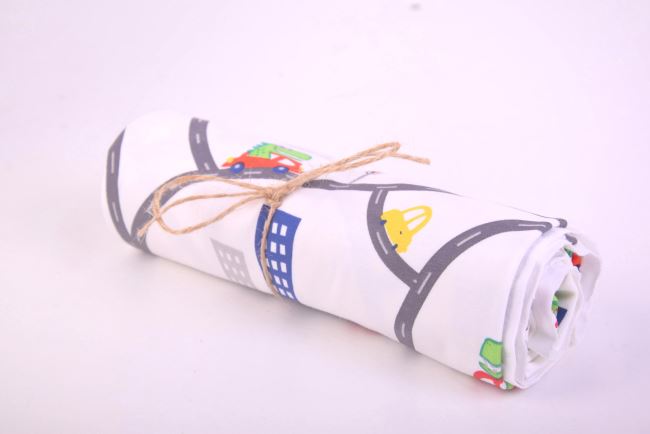 Roll of cotton knit in white with road print ROKC1534-050D