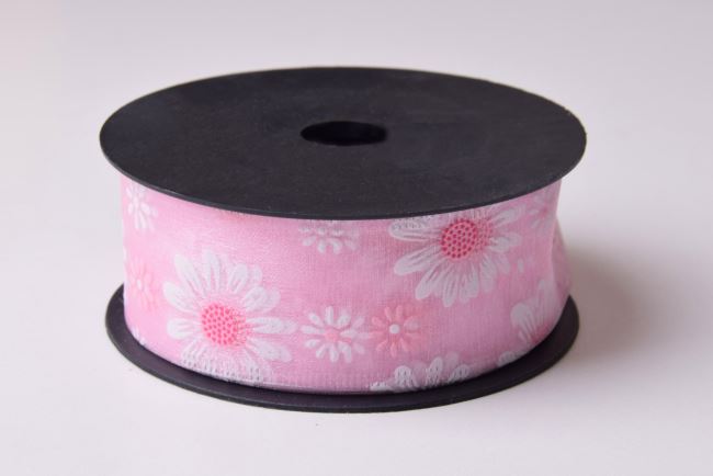 Ribbon in pink color with flowers 4 cm 07279