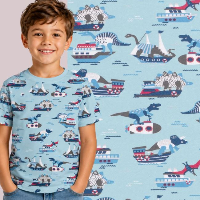 Cotton knit in light blue with ship print 19619/003