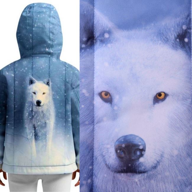 Seam in blue color with a digital print of a wolf and snowflakes PL-NL-401