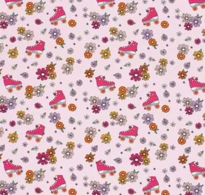 Cotton knit in light pink with a print of flowers and roller skates 21815/011