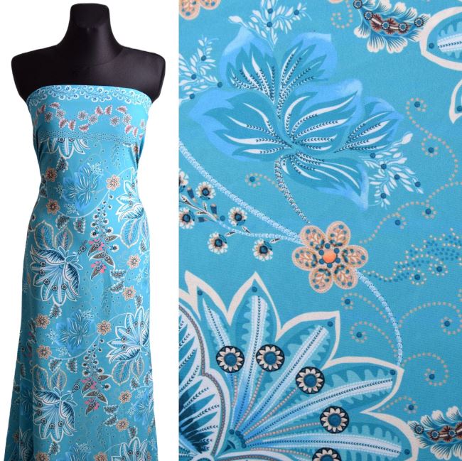 Viscose fabric in blue color with flower print V008-1