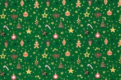 Christmas fabric made of cotton in green color with a print of ornaments and stars 22706/0 (1)