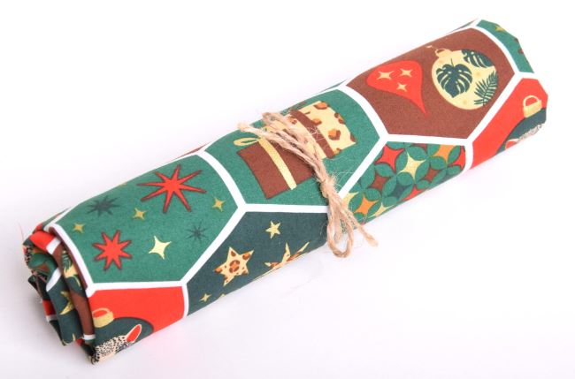 Roll of Christmas cotton in dark green with printed ornaments RO18704/025