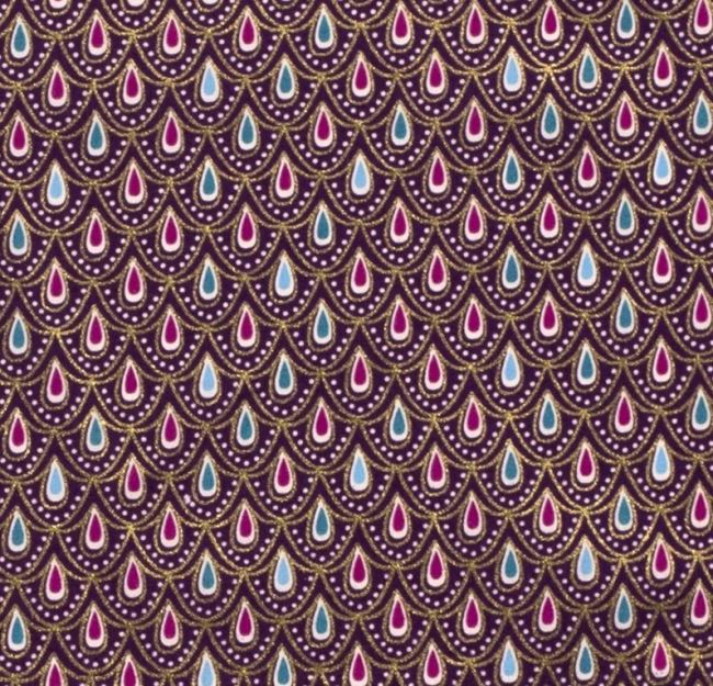 Christmas fabric made of cotton in purple color with decorative golden print 18712/044